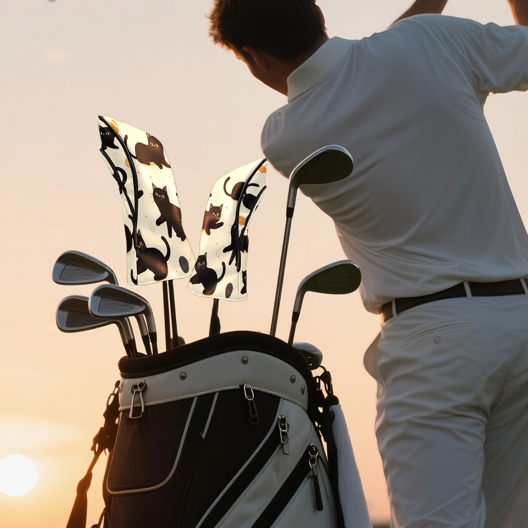 Golf Club Covers PU Leather Waterproof Head Covers for Fairway Woods Hybrids Black Cartoon Cat