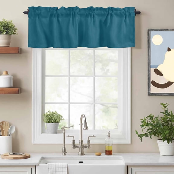 Curtain Valances for Kitchen Windows,Dark Teal Rod Pocket Valances Short Curtains Solid Green Color Window Treatment for Living Room Bathroom Bedroom Decor,42x12in