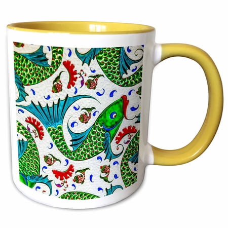3drose, Ancient Arab Islamic Fish Designs Pottery Madaba Jordan, 11oz Two-tone Yellow Mug