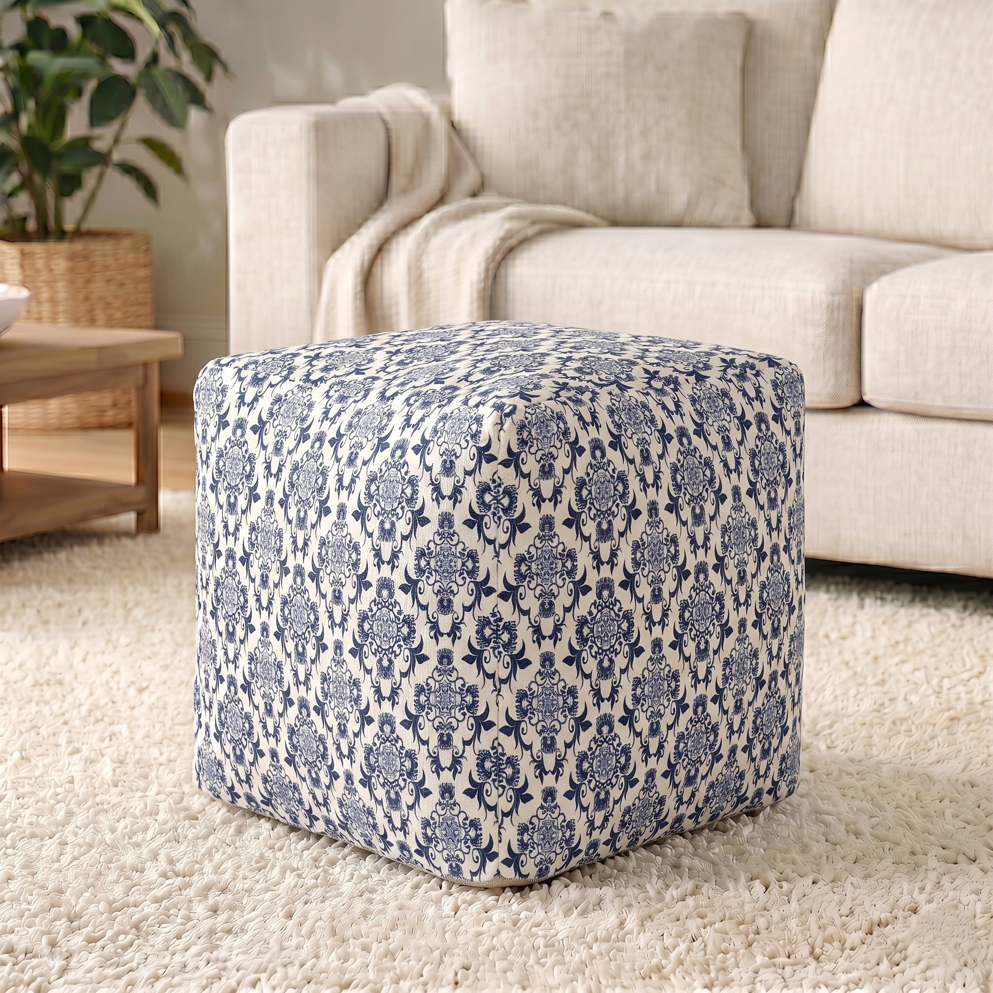 Ox Bay Orlando Blue/White Damask Medium Square Indoor Pouf Ottoman, 18" H x 18" W