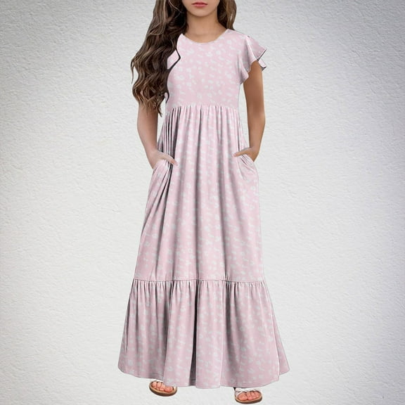 piuwrlz Kids Short Shirt Dresses Little Girls 130 Skirts New Printed Round Neck Floral Dress Pink