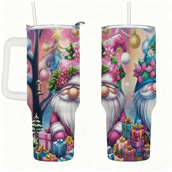 Colorful Christmas Gnome Insulated Tumbler with Lid and Straw, Holiday Gift Box and Ornament Design Stainless Steel Travel Mug with Handle