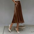 thumbnail image 3 of Morttic Women's Elegant Solid Color Silky Satin A-Line Midi Skirt – High Waist Flowy Swing Skirt with Hidden Side Pockets Dark Brown，L, 3 of 5