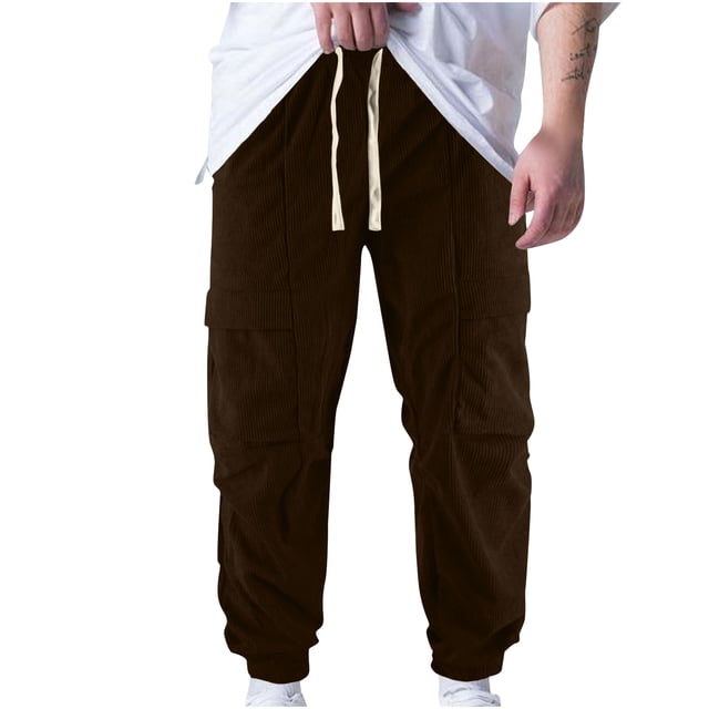 Birdeem Mens Pants Mens Summer Solid Color Pocket Drawstring Casual Corduroy Multi Pocket Workwear Pants