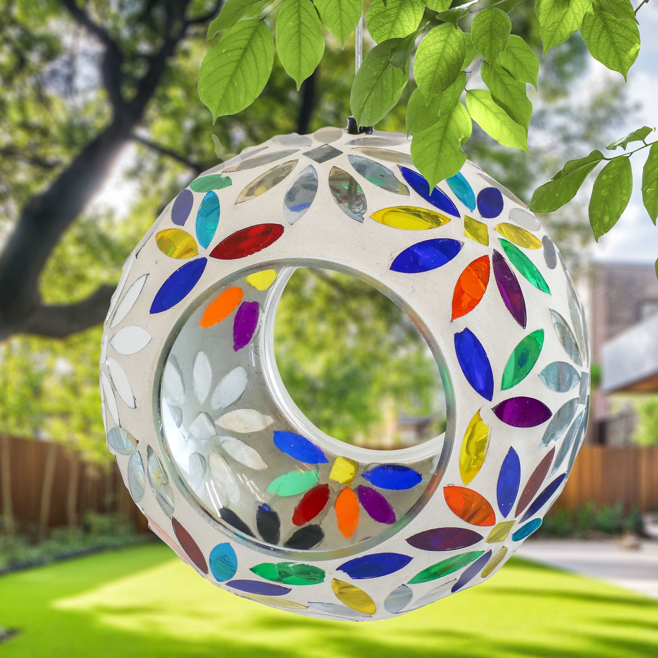 Sunnydaze Mosaic Glass Fly-Through Hanging Bird Feeder, 1-Cup Capacity, Rainbow Daisies