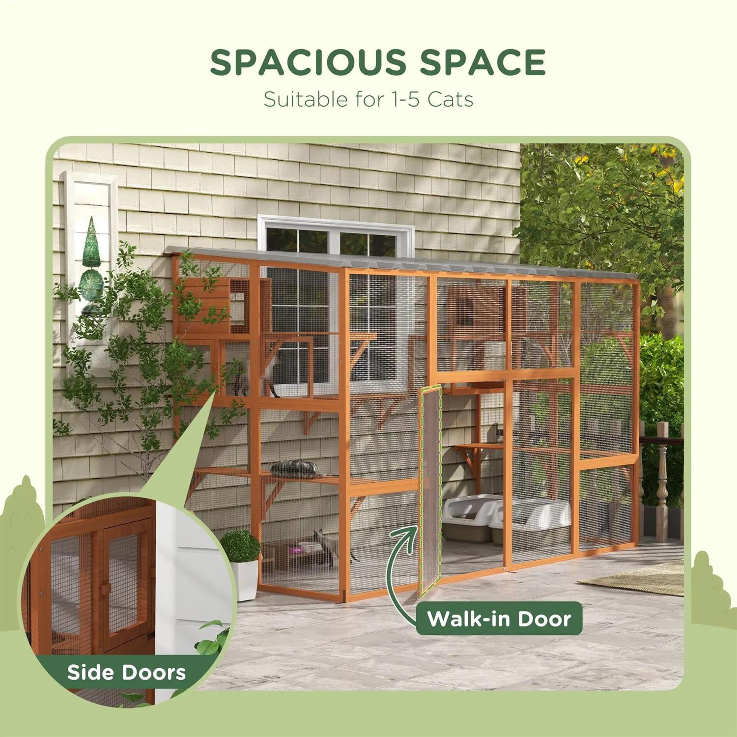 Pefilos 118" Outdoor Weatherproof Cat Cage with Scratching Post, Wooden Catio House for 2-3 Kittens Cats, Indoor Cat Enclosure, Orange