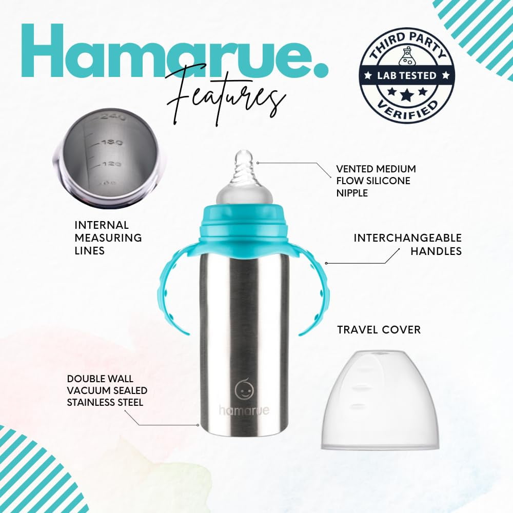 Hamarue 3-in-1 Stainless Steel Sippy Cups for Babies & Toddlers | Non-Toxic Insulated Baby Bottle | BPA-Free | Ages 3M+ | Evolving Feeding Solution