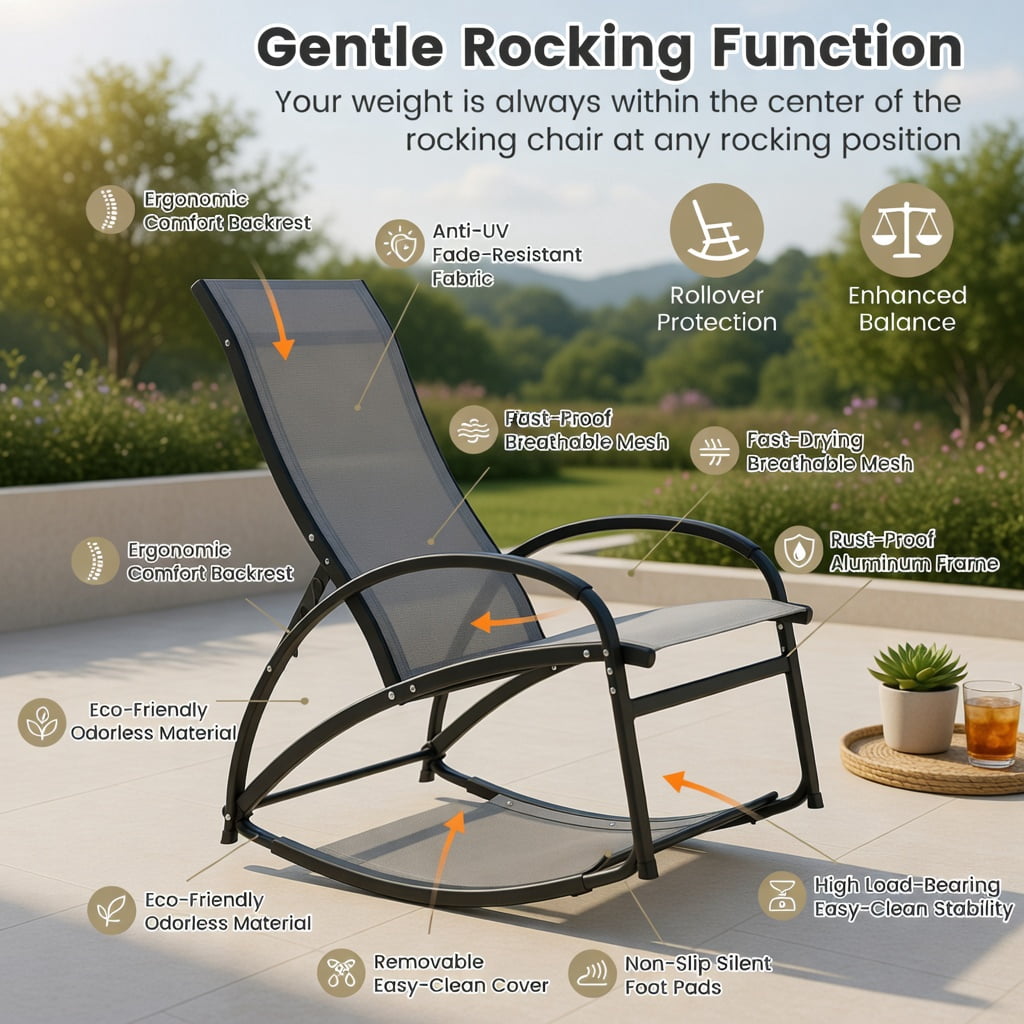 Hommoo 2-in-1 Aluminum Outdoor Rocking Lounge Chair with 4-Position Adjustable Backrest, for Patio, Poolside, Balcony & Yard, Gray