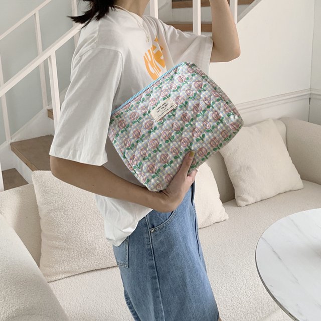 Bolso De Cosméticos Bolso de embrague coreanos de maquillaje de algodón grande Impresión de cremallera para mujeres niñas