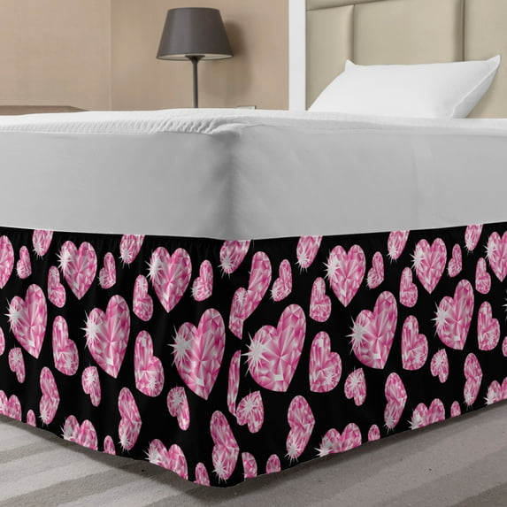 Diamonds Bed Skirt, Romantic Pink Heart Stones on Black Background Valentines Day Theme, Elastic Bedskirt Dust Ruffle Wrap Around for Bedding Decor, 4 Sizes, Pale Pink Black, by Ambesonne
