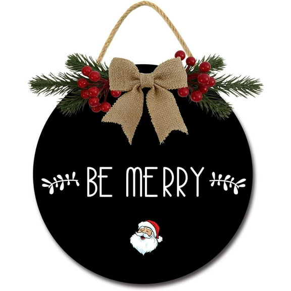 Eveokoki 12" Be Merry Sign Christmas Decoration Door Decor Wooden Hanging Welcome Sign Front Door Christmas Wreath for Home Indoor Outdoor Farmhouse Wall Window Decoration Black