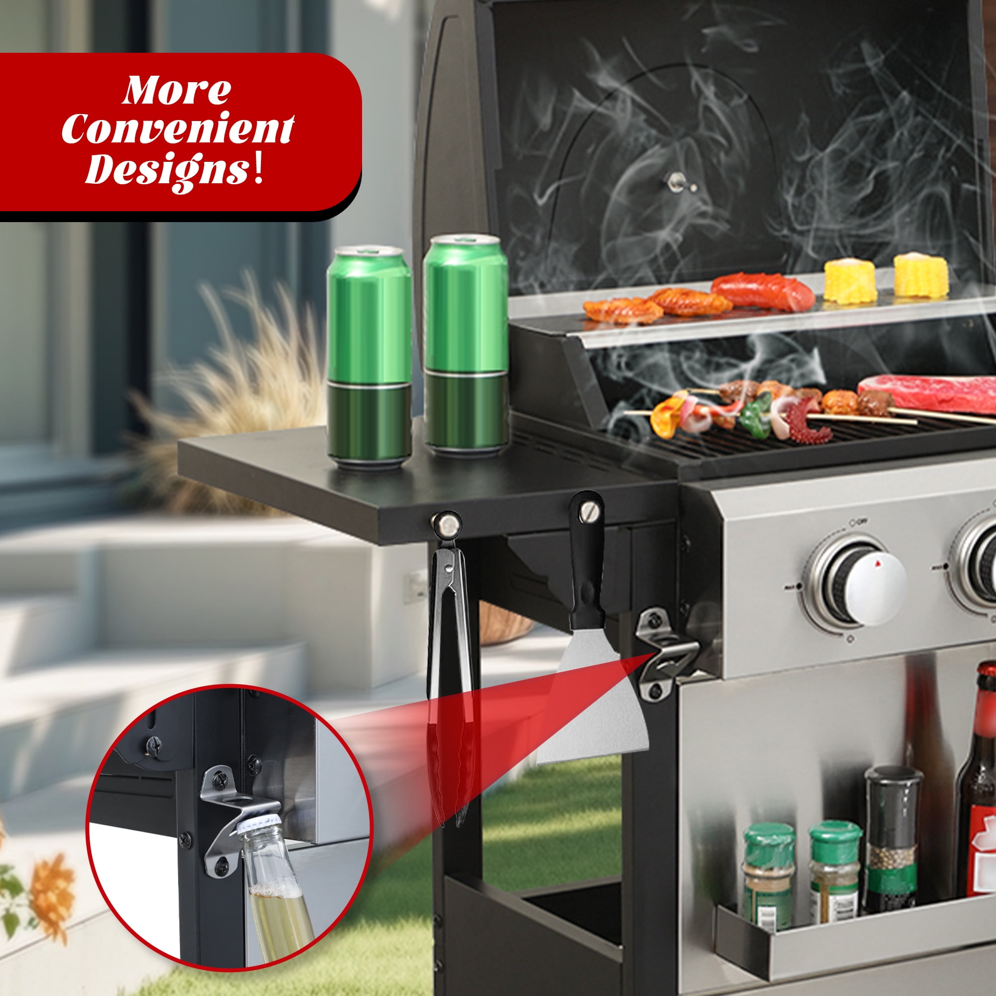 Nice Cooker 3-Burner Propane Gas Grill with 2 Foldable Side Tables, 25650 BTU Outdoor BBQ Grill with Porcelain-Enameled Grates, Built-in Thermometer