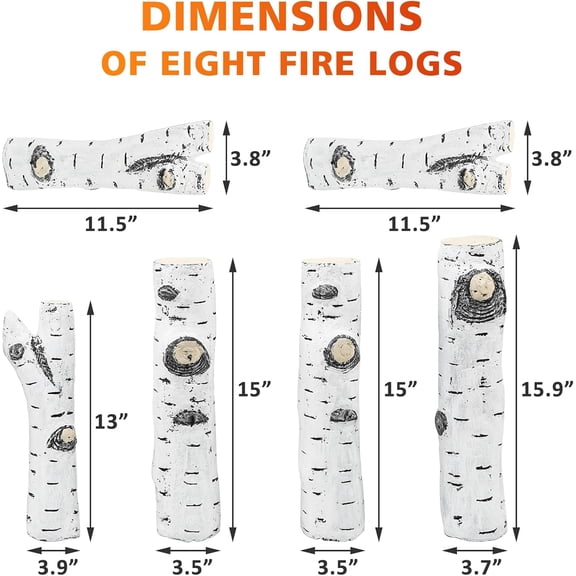6-Piece Realistic Birch Fire Log Set for Indoor and Outdoor Fireplaces - Ceramic Logs for Gas, Propane, Natural Gas, Electric, and Ventless Fireplaces