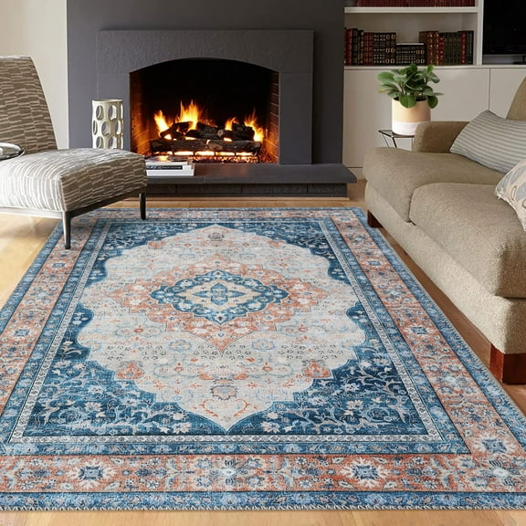 GlowSol 5' x 7' Floral Area Rug Vintage Medallion Area Rug Traditional Distressed Rug Low Pile Non-Slip Area Rug for Living Room Bedroom, Blue