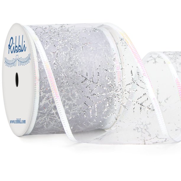 Ribbli Cinta con cable con purpurina de copo de nieve, cinta transparente de organza blanca con purpurina plateada, patrón de copo de nieve grande y borde iridiscente, cinta navideña de 2-1/2 pulgadas