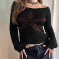 thumbnail image 3 of Women Y2k Off Shoulder Sweater Vintage Floral Graphic Long Sleeve Knit Pullover Slim Streetwear Black Red Flowers S, 3 of 7
