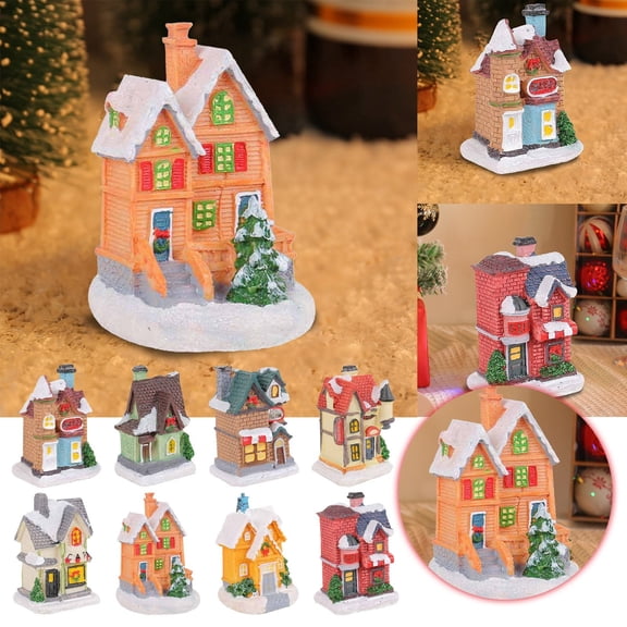 Christmas LED Lighted Village House Figurine Resin Hut Colorful Luminous House Tabletop Ornaments Christmas Party Scene Decoration #A1