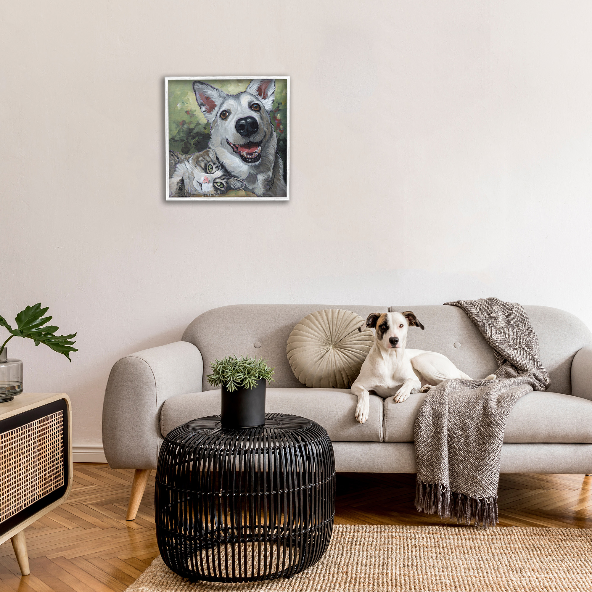 Stupell Industries Dog & Cat Friendship Animals & Insects Painting White Framed Art Print Wall Art, 24 x 24