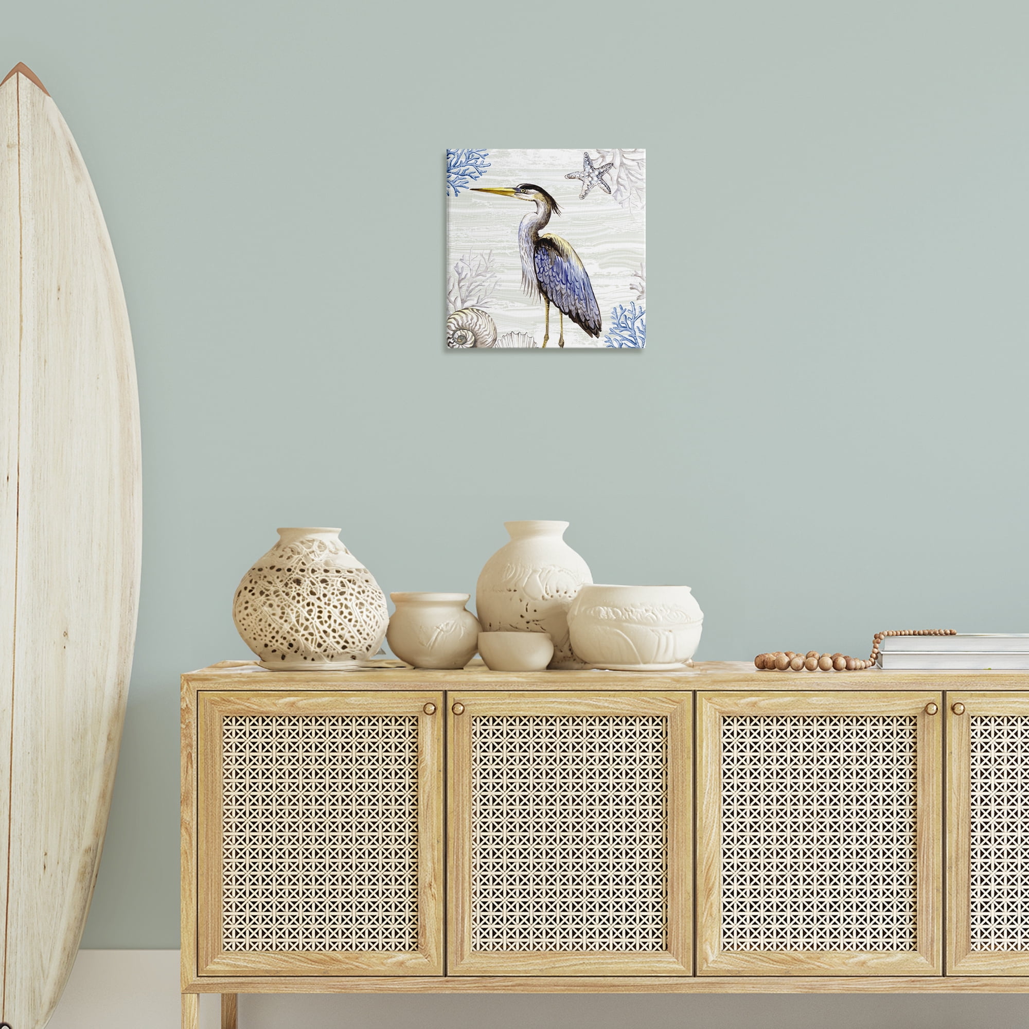 Stupell Industries Beach Bird Heron & Coral Animals Painting Wrapped Canvas Art Print Wall Art, 17 x 17