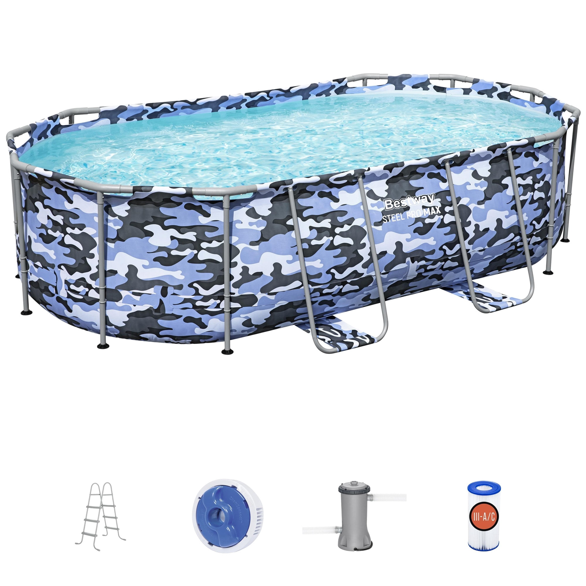 Bestway: Steel Pro Max - Oval Swimming Pool Set - 14' x 8'2" x 39.5, Blue Camo - Above Ground, Tritech Construction, Filter Pump, Ladder, 1,915 Gal.
