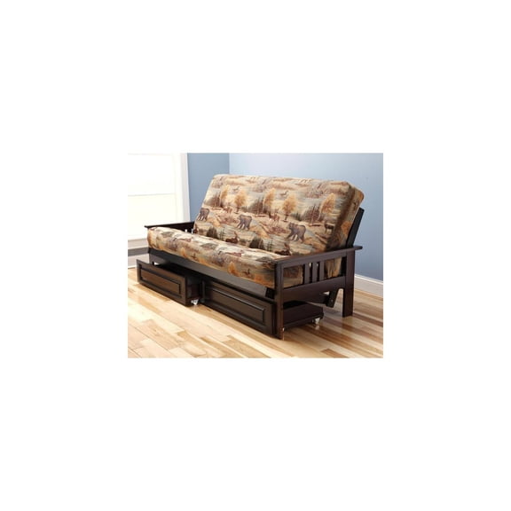 French Country Full Futon Frame Set with Mattress and Storage Drawers, Classic Foldable Hardwood Frame, Easily Converts To Bed