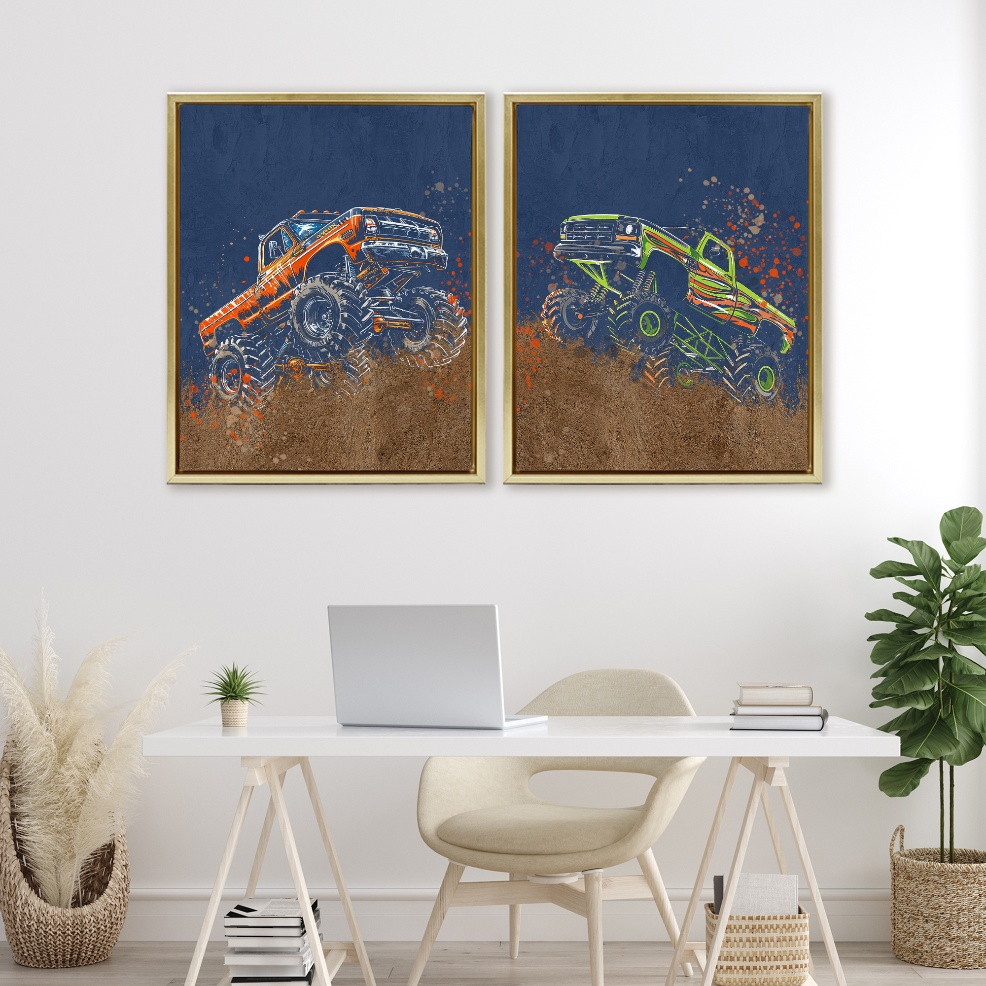 Monster Truck Jam 2 Piece Gold Framed Floater Canvas Set, design by Kim Allen