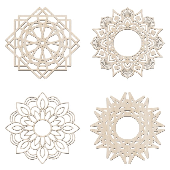 Mandala Wooden Wall Art Set of 4, Sunny Flourish Middle Eastern Petals, Birch Wood Plywood Rustic Wall Art Accent for Hallway Bedroom Living Room and Offices, 11,4" X 11,4" X 0.1", by Ambesonne