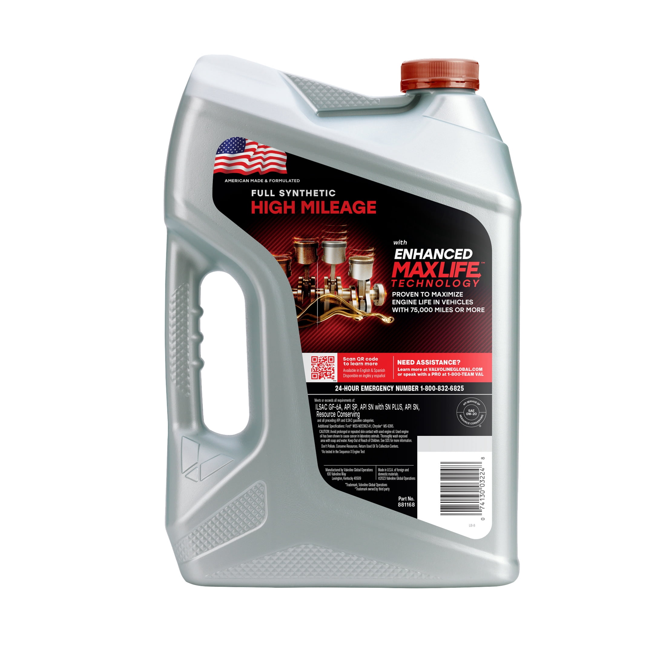 Valvoline MaxLife Full Synthetic High Mileage 0W-20 Motor Oil 5 Quart, pack of 3