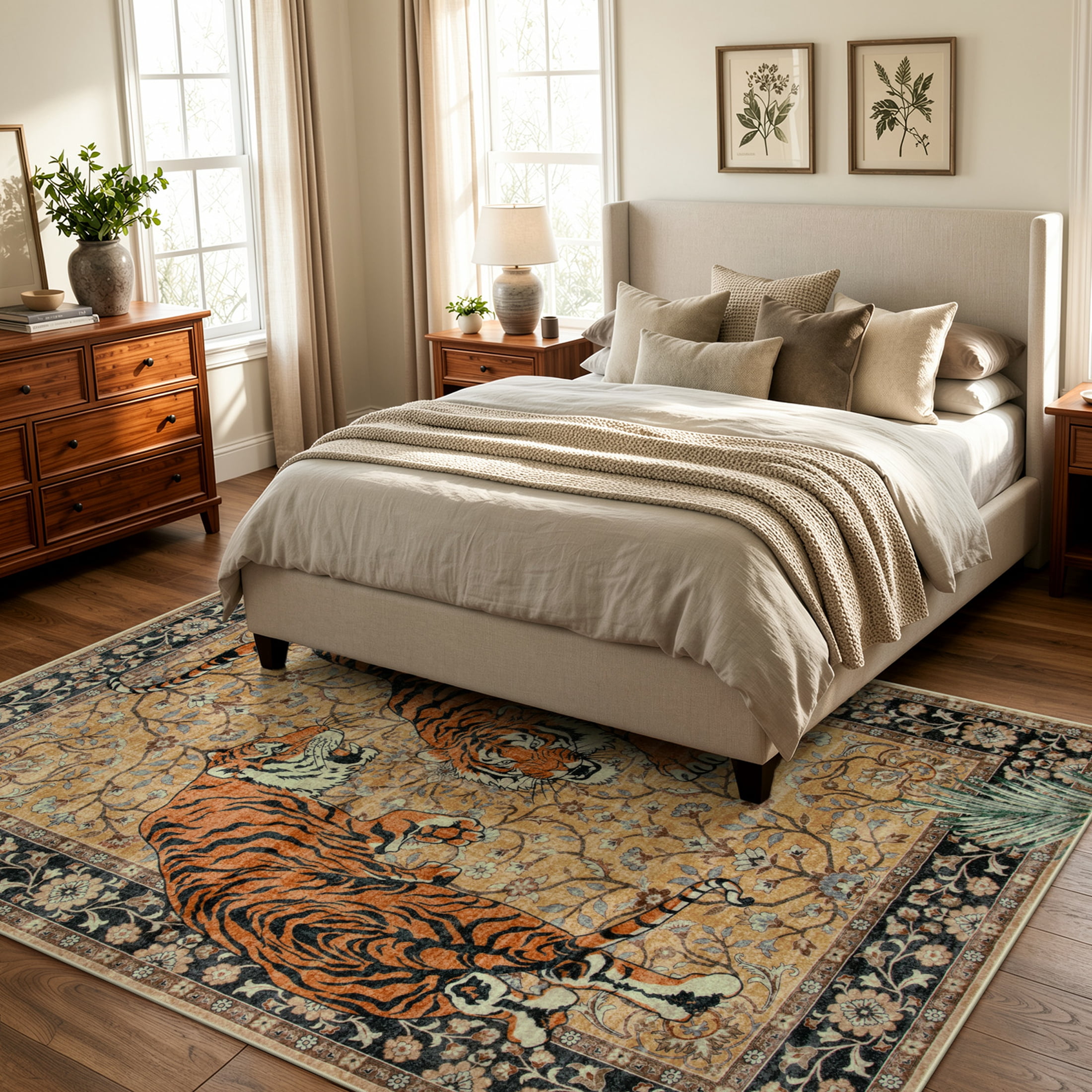 Moynesa 5'x7' Vintage Tiger Area Rug, Boho Traditional Washable Rug for Living Room Bedroom Dining Sunroom, Distressed Botanical Floral Accent Carpet, Soft Low Pile Non Slip Stain Resistant, Camel