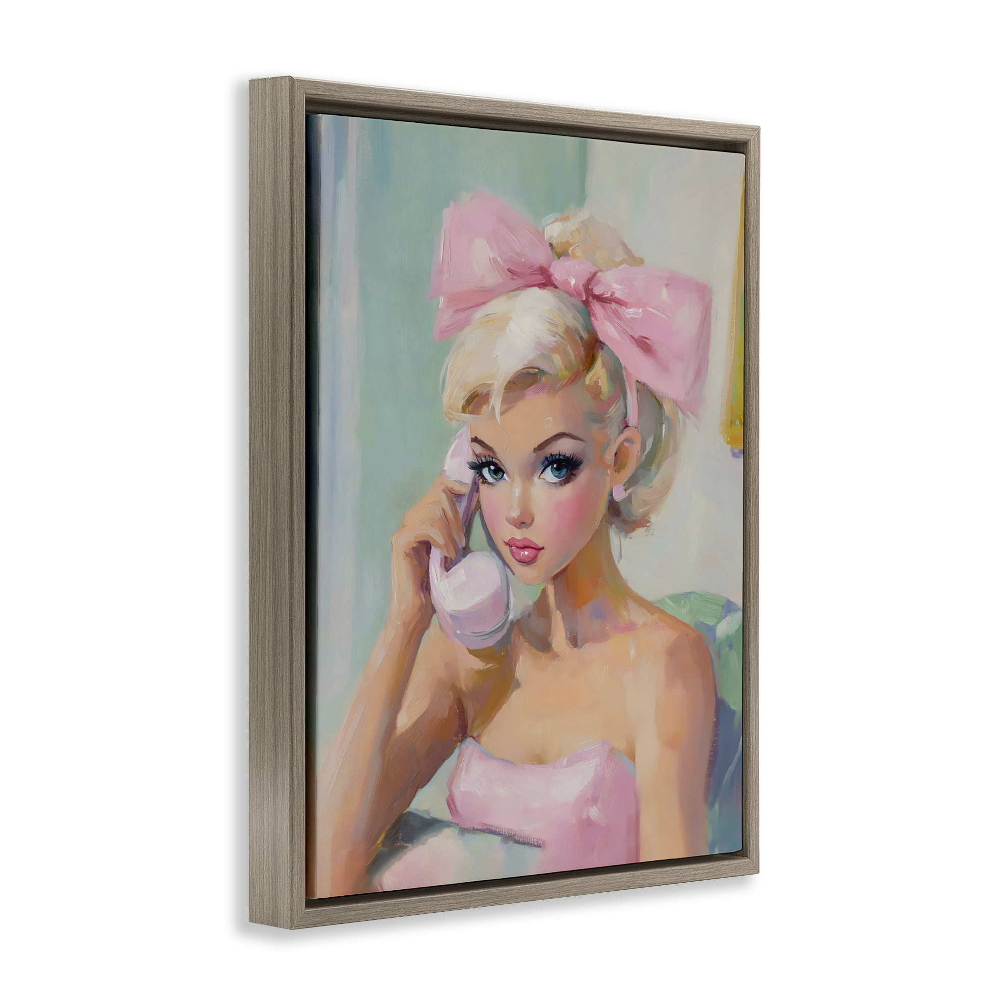 Stupell Industries Blonde Girl with Pink Bow Brown Framed Floater Canvas Wall Art, design by The Prints Vibe