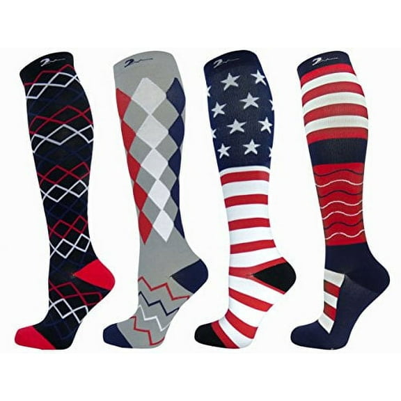 Swell Relief Patriotic Graduated Moderate Compression Sock L/XL Size Guaranteed to Fit Wide Calves! Set of 4 Pair. L/XL
