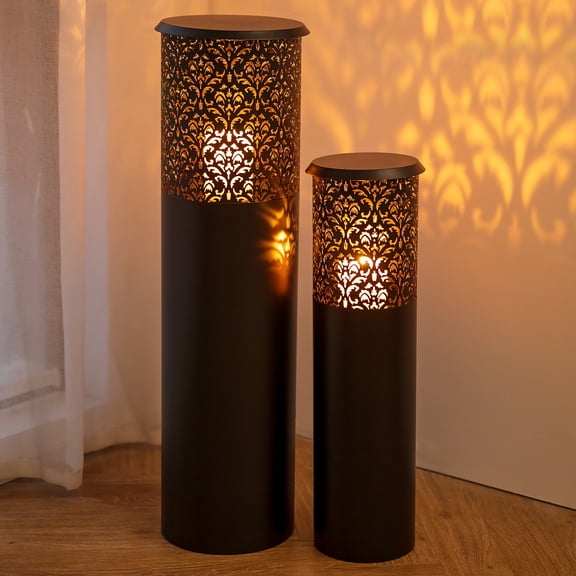 Sziqiqi Black Tall Floor Candle Holders Set of 2: Boho Farmhouse Lanterns Decorative Outdoor Cylinder Candle Stand for Front Porch Living Room Fireplace Garden 23.8" 31.5" Large