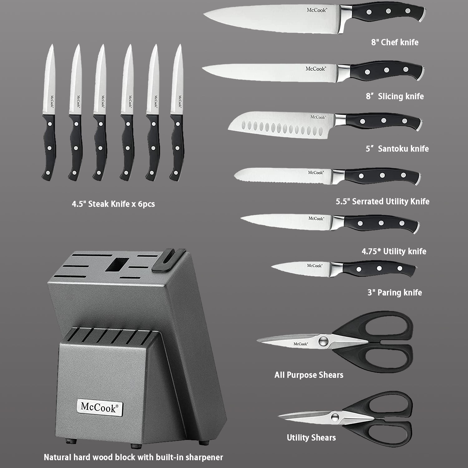 McCook MC23A 15Pieces Kitchen Knife Block Set Cutlery Knife Set with  Built-in Sharpener 
