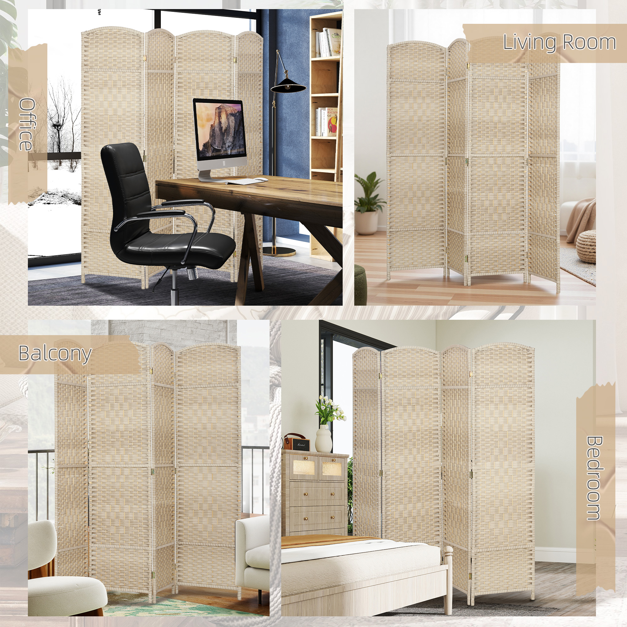 HOMCOM 4 Panel Room Divider, 6' Tall Folding Privacy Screen, Hand-Woven Freestanding Wood Partition for Home Office, Bedroom, Washed Oak