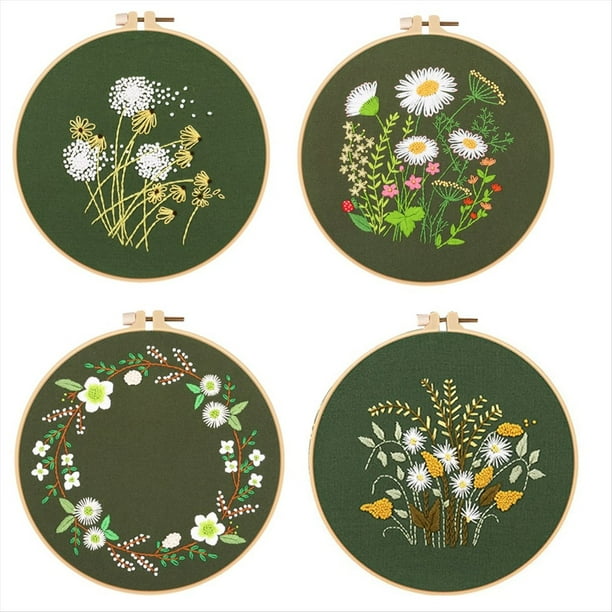 Kit de Bordado una Mano de 4 Juegos para Adultos Principiantes, el Kit de Bordado Incluye Flor, , Hilos de Colores y Herramientas
