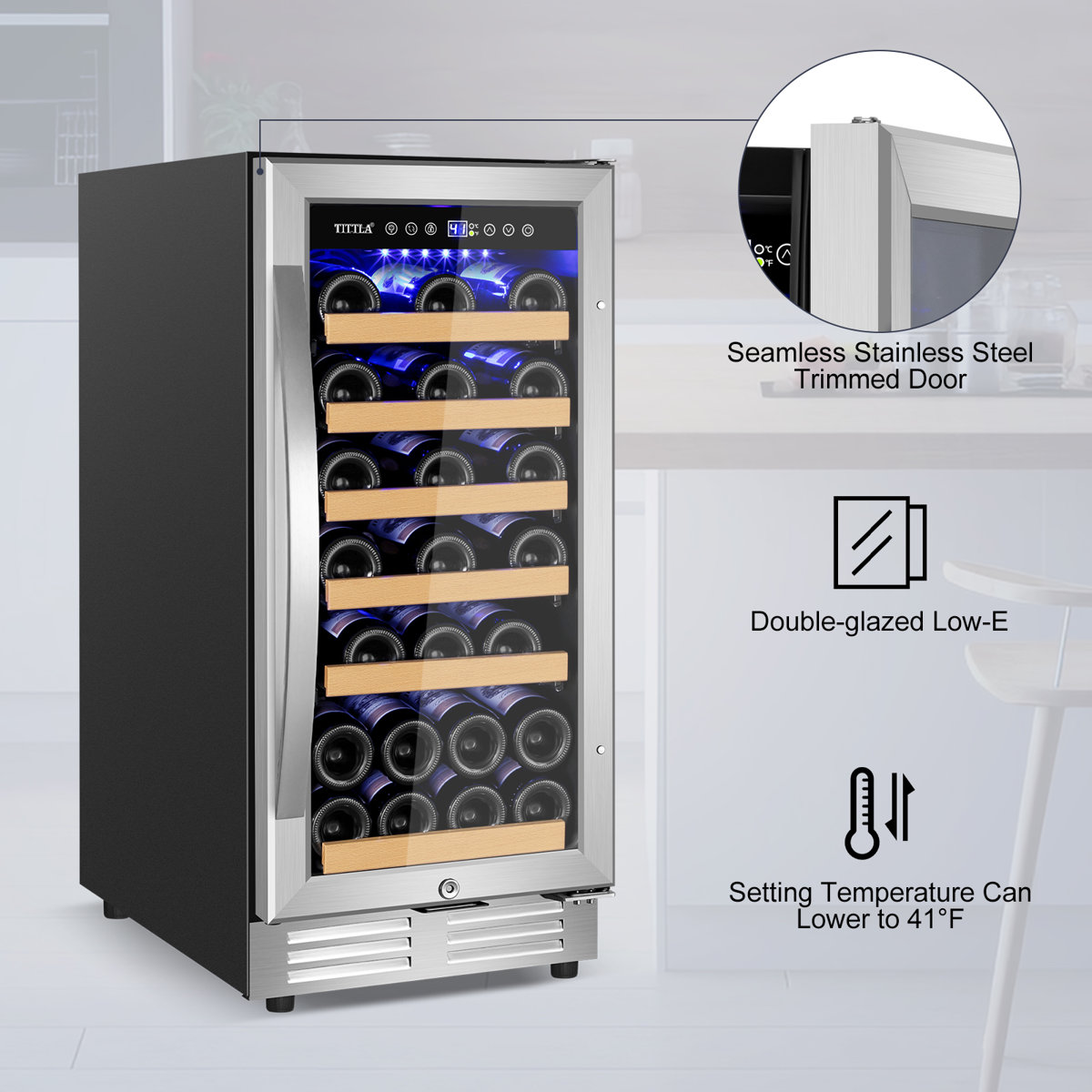 15" Wine Premium Refrigerator 31 Bottle Built-in Wine Cooler with Two Handle & Reversible Hinge