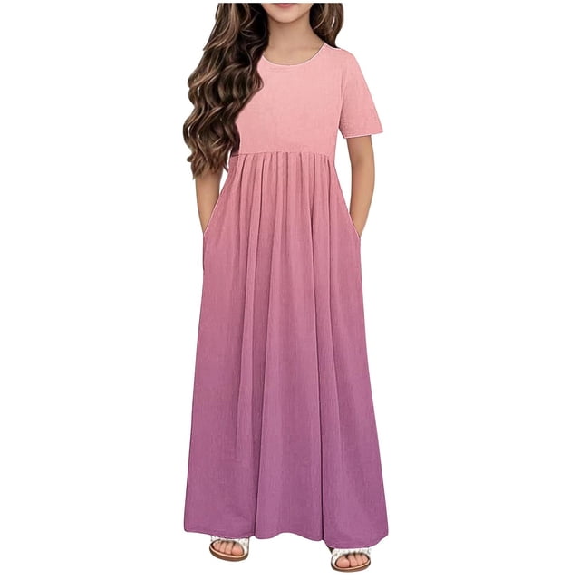 Robe avec Poches pour Filles - Dégradé à Manches Courtes, Col Rond, Jupe Longue Décontractée pour Adultes