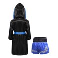 thumbnail image 2 of Rswnyirn Kids Boys Boxing Robes Costume Satin Hooded Boxing Robe with Belt and Muay Thai Shorts Set Black&Blue 14, 2 of 5