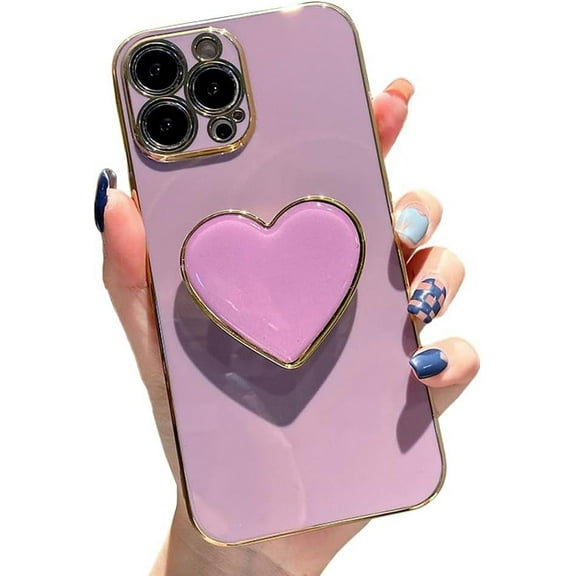 Cute Case for iPhone 14 Pro 6.1'', Purple Phone Case with Heart Holder Stand Kickstand Soft TPU Shockproof Protective Cover, Luxury Plating Bumper Case for Girls Women
