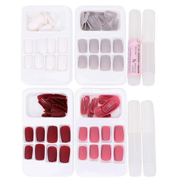 96 piezas de uñas postizas de cabeza plana, extensiones de manicura con acabado mate (gris, blanco, rosa, vino tinto, con pegamento)