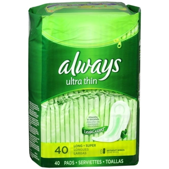 Always Ultra Thin Pads without Wings, Unscented, Long Super 40 ea (Pack of 3)