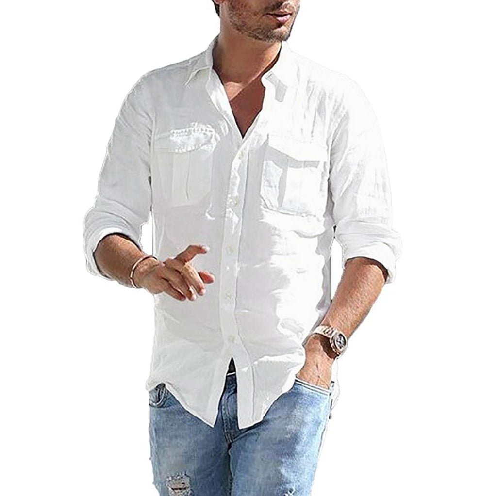 Men's Vintage Baggy Cotton Linen Solid Short Sleeve Pocket T Shirts Tops Blouse