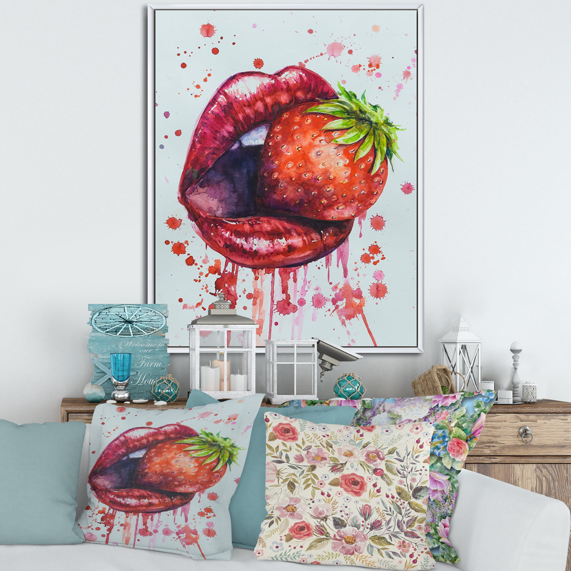 Designart 'Red Girl Lips Eating A Strawberry' Modern Framed Canvas Wall Art Print