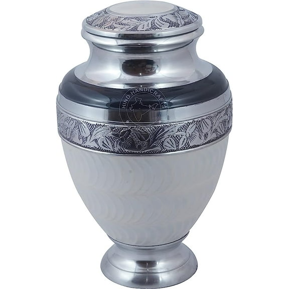 Silver Top Border Engraved Adult Cremation Urn for Human Ashes - Handcrafted Funeral Memorial Ashes Urn - Large Burial Urn - BAG Included (200 LBS, Pearl White)
