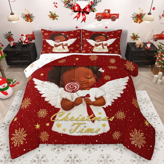 Homewish Black Girl Angel 2pcs Bedding Comforter Set for Teens Children Kids,Merry Christmas Twin Comforter Sets,Xmas Snowflake Breathable Bedding Set,Super Cozy Room Decor,Reversible