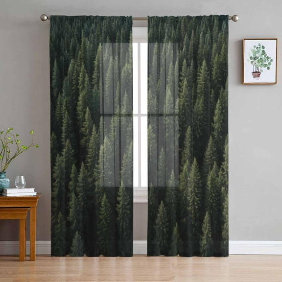 Dark Green Forest Sheer Curtains 96 Inches Long 2 Panels Set, Window Sheer Curtains for Living Room/Bedroom, Pine Trees Modern Mysterious Art Light Filtering Rod Pocket Curtain 52'' x 96'' x 2