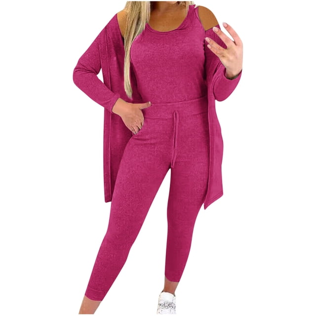 hotojiny Women's 3 Piece Set Casual Long Sleeve Cardigan Soft Tank Tops with Drawstring Leggings Loungewear Spring Matching Set