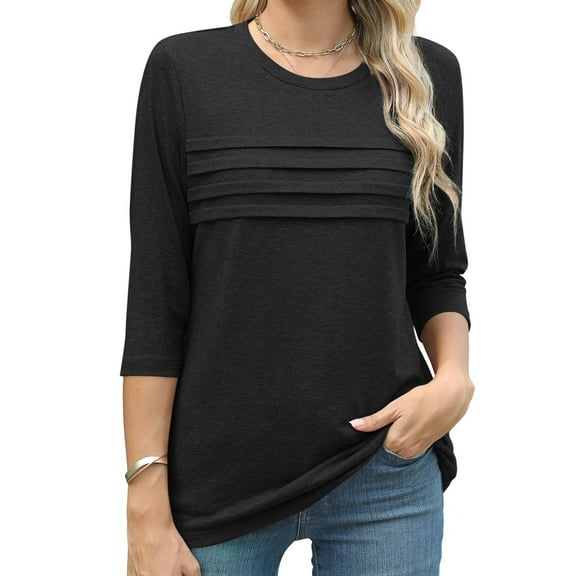 gakvbuo Summer Tops For Women 2025 Vacation 3/4 Sleeve Shirt Tunic Tops Women's Fashion Wrinkled Round Neck 3/4 Sleeve T-shirt Loose-fitting Cropped Sleeve Top