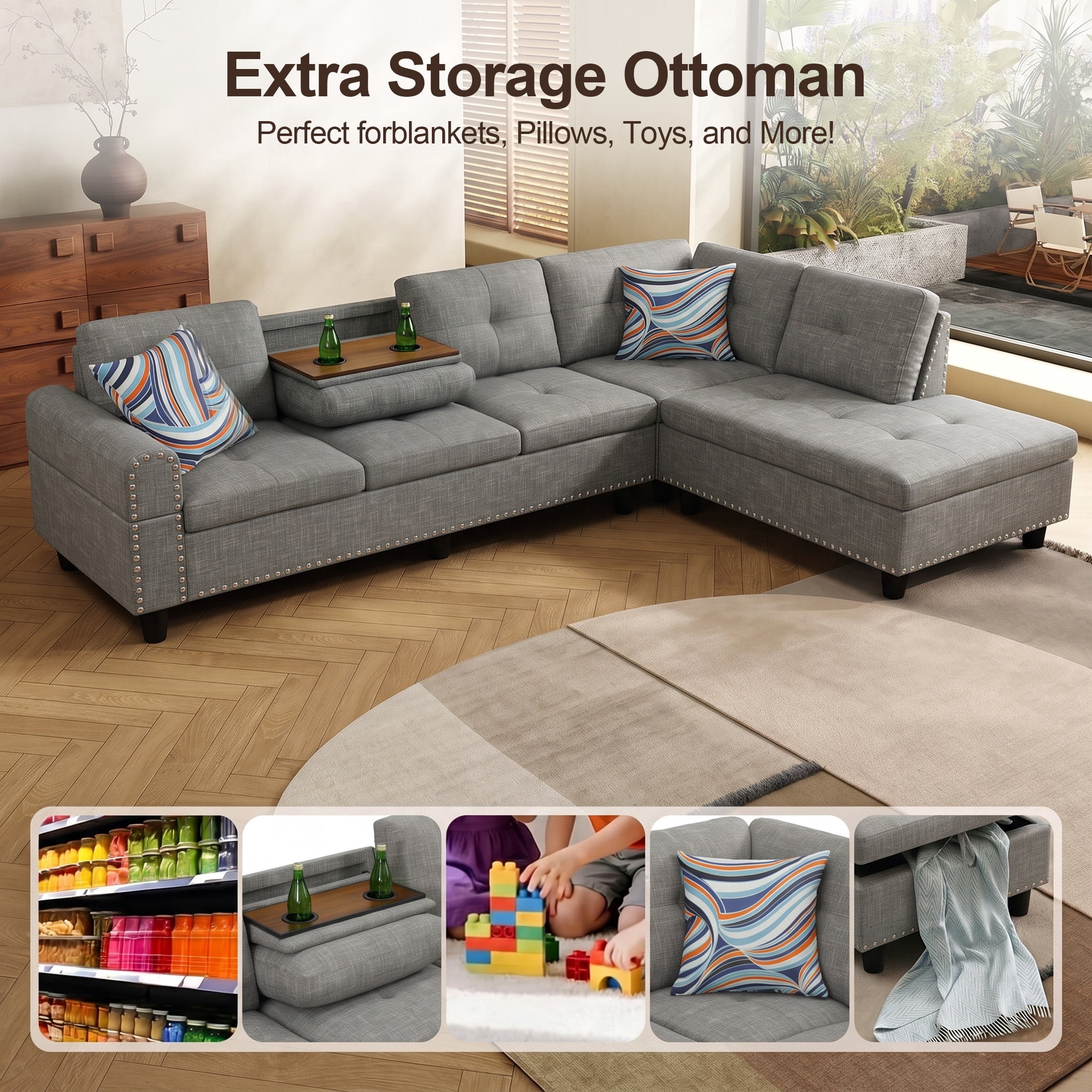 AENKYO 98" L-Shaped Sectional Sofa with Reversible Chaise and Cup Holders, Linen, Gray