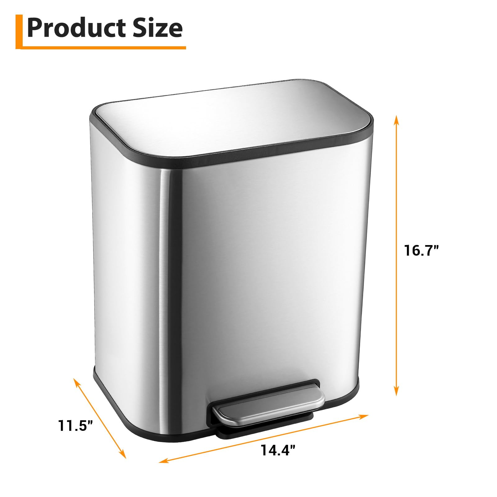 TROPOW Bathroom Trash Can, 5.3 Gallon / 20 Liter Stainless Steel Garbage Can, Small Rectangular Trash Can with Soft Close Lid Foot Pedal & Inner Bucket for Kitchen Home Office Bedroom Living Room